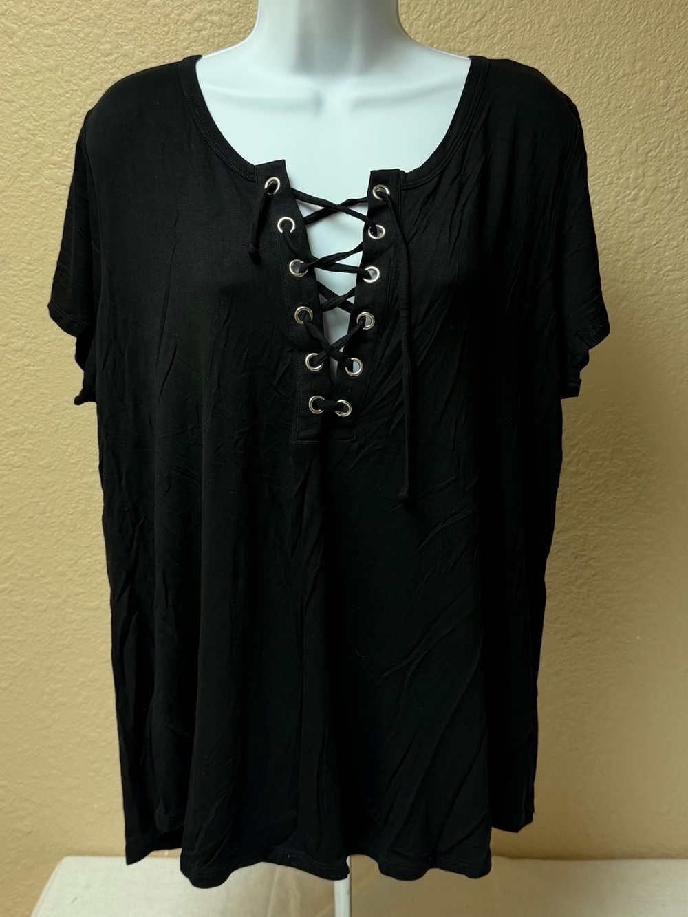 4/$20 Maurices Black Lace-Up Short Sleeve Top